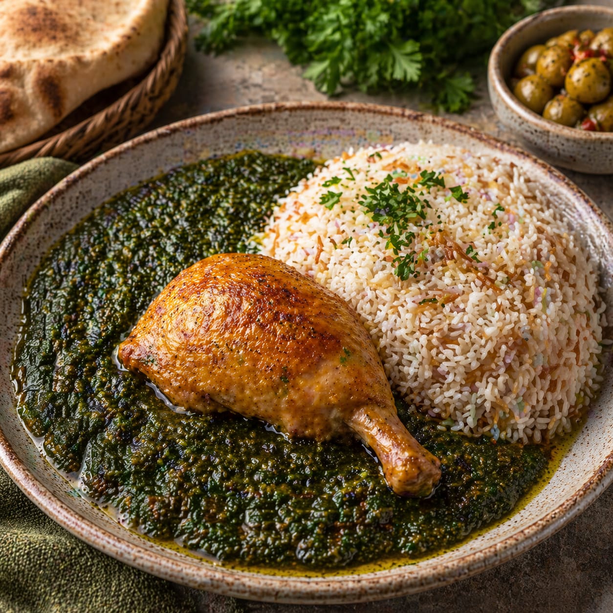 ملوخية فلسطينية مع رز دجاج